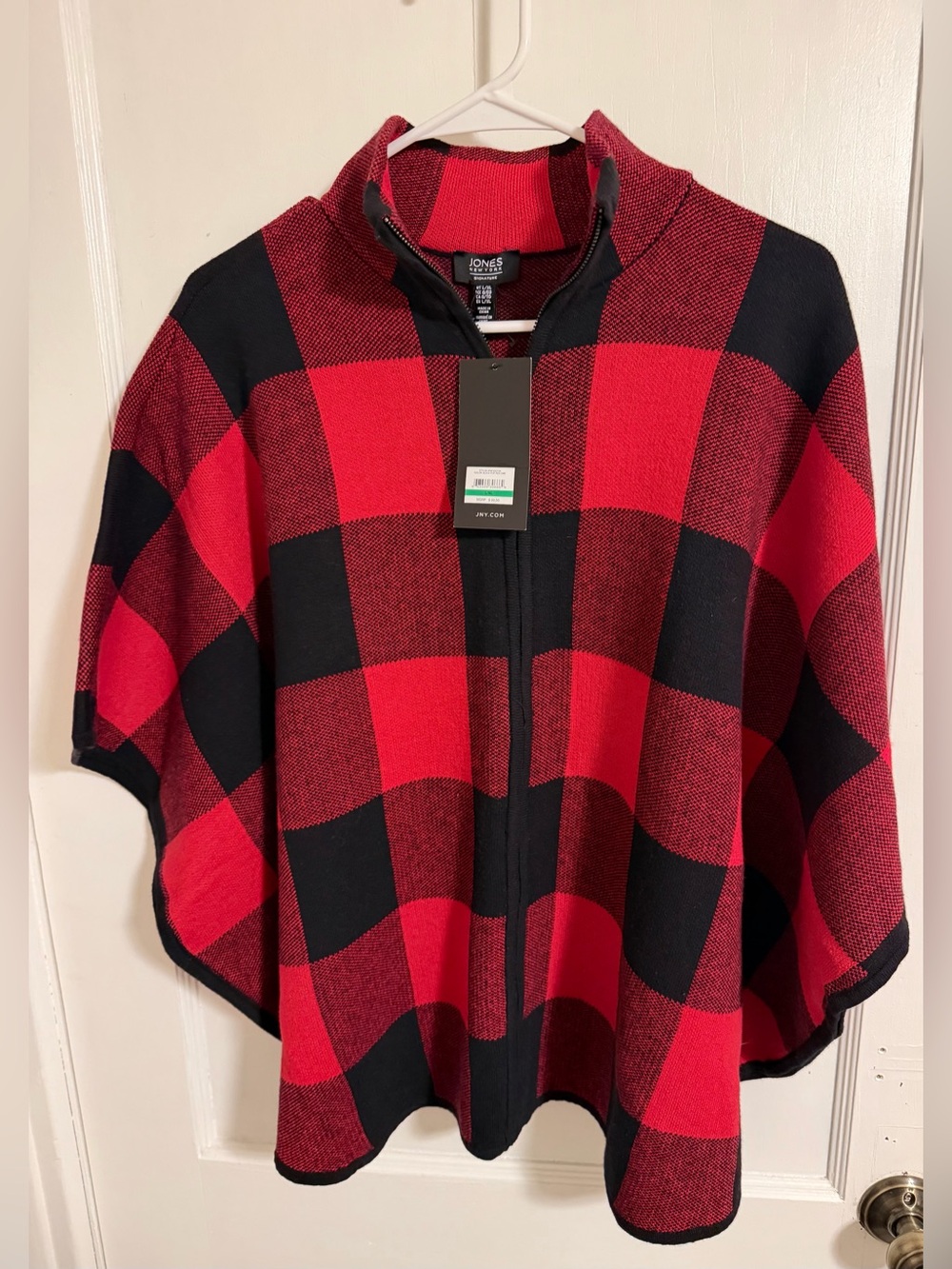 Jones New York Red and Black Buffalo Plaid Zip Poncho